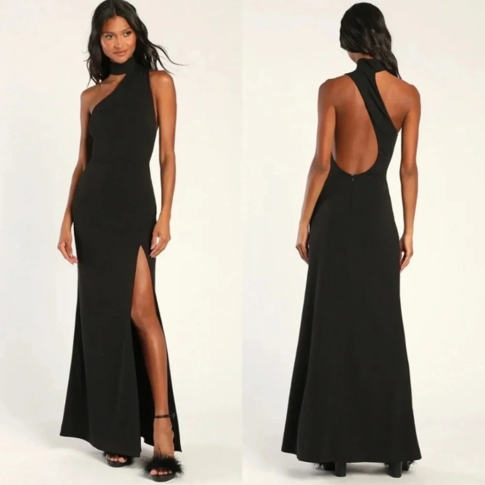 Lulus Keep It Interesting Black Asymmetrical Cutout Halter Maxi Dress Party